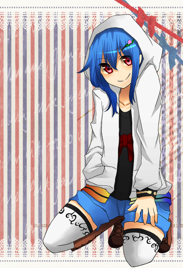 alternate_costume, blue_hair, boots, bow, contemporary, cross-laced_footwear, hair_ornament, hairclip, hinanawi_tenshi, hood, hooded_jacket, hyou_haku, knee_boots, lace-up_boots, no_nose, open_clothes, open_jacket, red_eyes, shorts, smile, solo, striped, striped_background, touhou, white_legwear