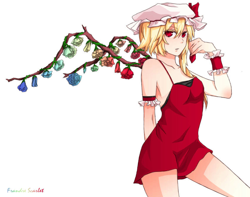 adult, arm_behind_back, armband, bare_shoulders, blonde_hair, blue_rose, character_name, collarbone