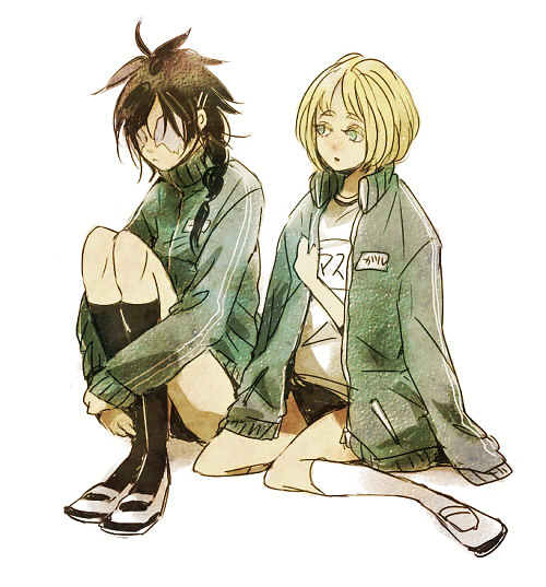 black_hair, black_legwear, black_socks, blonde_hair, bloomers, braid, buruma, demon's_souls