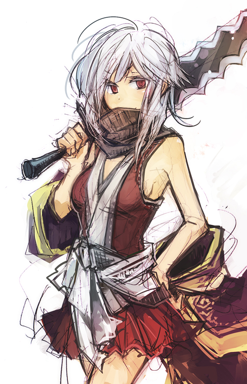 1girl, copyright_request, female, fujiwara_akina, japanese_clothes, red_eyes, scarf, short_hair