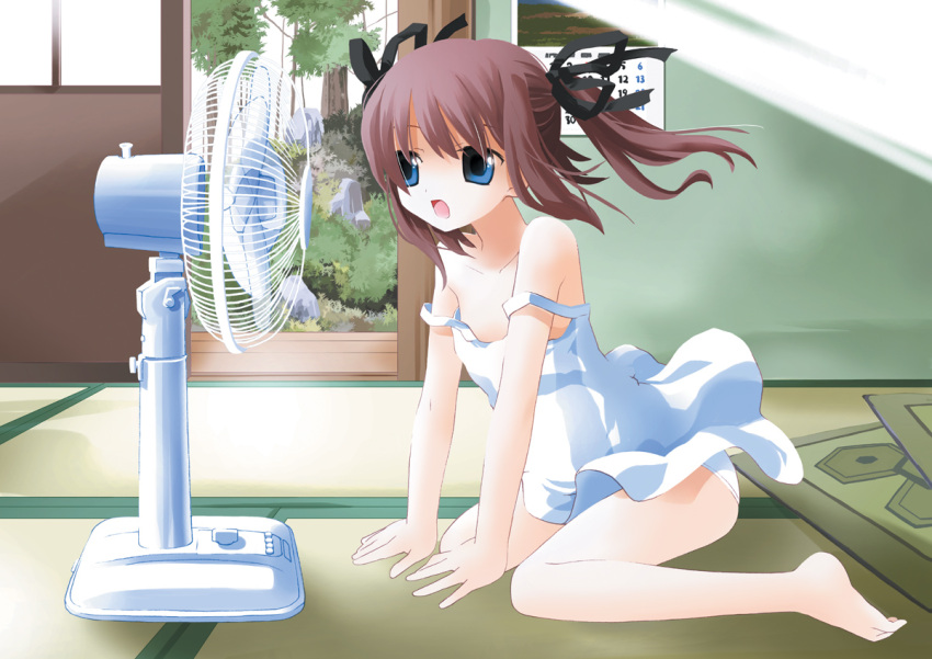 arm_support, barefoot, blue_eyes, brown_hair, calendar_(object), dress, electric_fan, fan_speaking