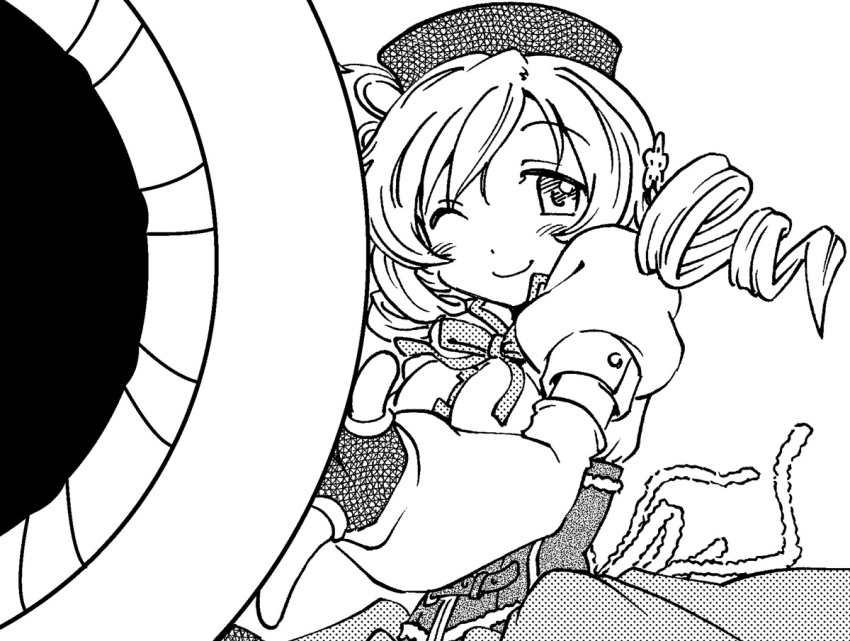aiming_at_viewer, beret, breasts, corset, detached_sleeves, drill_hair, fingerless_gloves, gloves