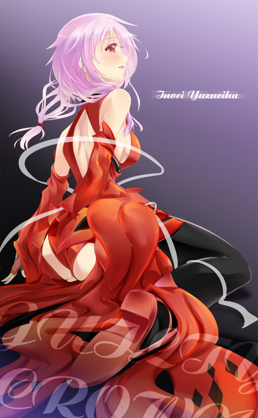 1girl, ass, bare_shoulders, black_legwear, blush, boots, braid, breasts