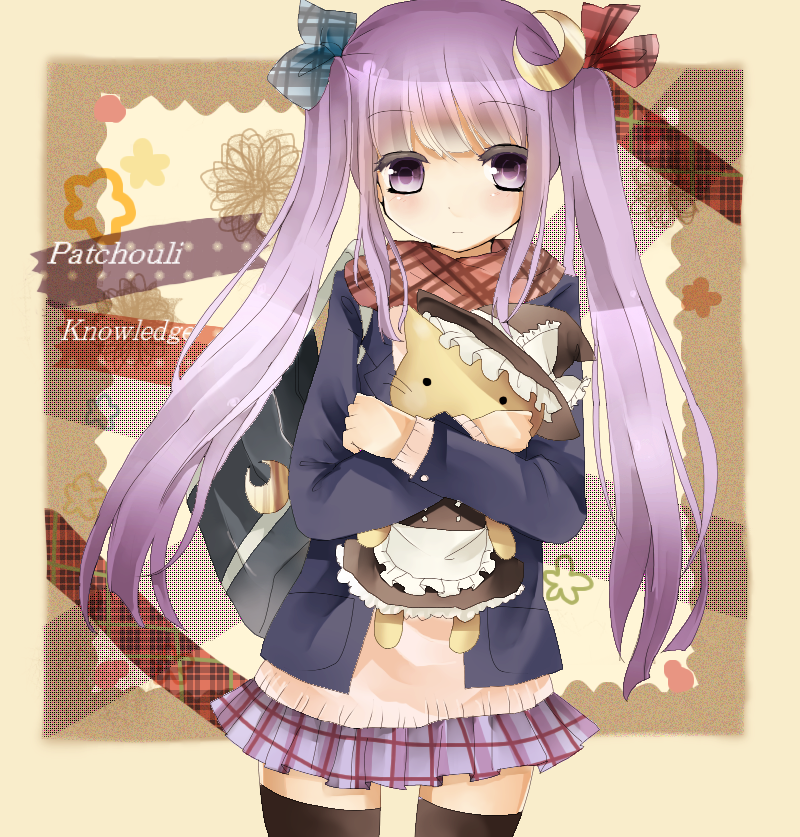 alternate_hairstyle, black_legwear, blush, bow, cat, cosplay, crescent, hair_bow