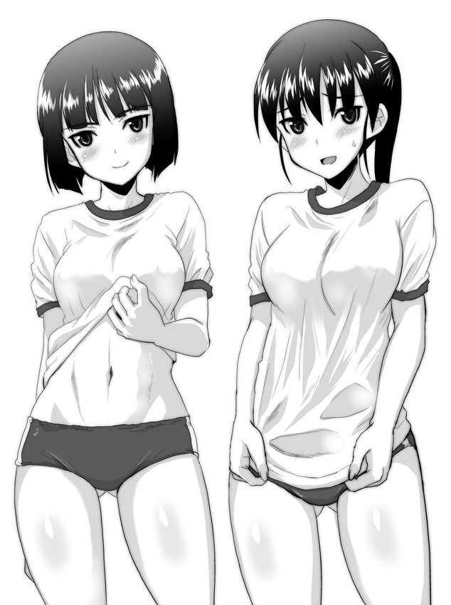 bangs, blunt_bangs, blush, breasts, buruma, etou_toshiko, gym_uniform, kitagou_fumika, kyogoku_shin, kyougoku_shin, large_breasts, looking_at_viewer, midriff, monochrome, multiple_girls, navel, ponytail, shirt_lift, shirt_tug, shy, smile, strike_witches, sweatdrop