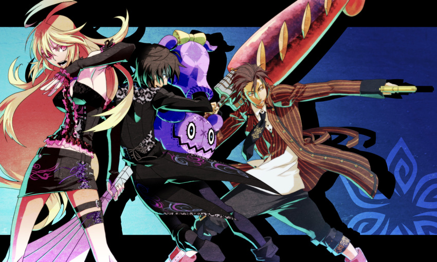alternate_costume, alvin_(tales_of_xillia), armpits, bare_shoulders, black_hair, blonde_hair, elbow_gloves, fingerless_gloves