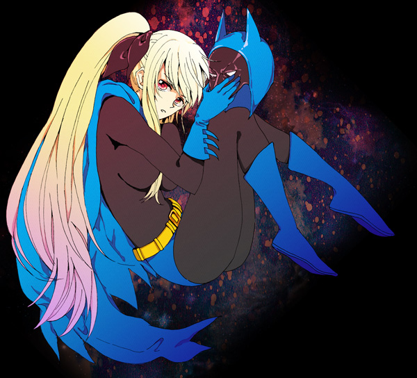 1girl, batman, batman_(cosplay), batman_(series), belt, blonde_hair, bodysuit, boots, cosplay, dc_comics, fate_testarossa, female, hair_ribbon, knee_boots, long_hair, lyrical_nanoha, mahou_shoujo_lyrical_nanoha_strikers, mask, masui, red_eyes, ribbon, solo, twintails, very_long_hair