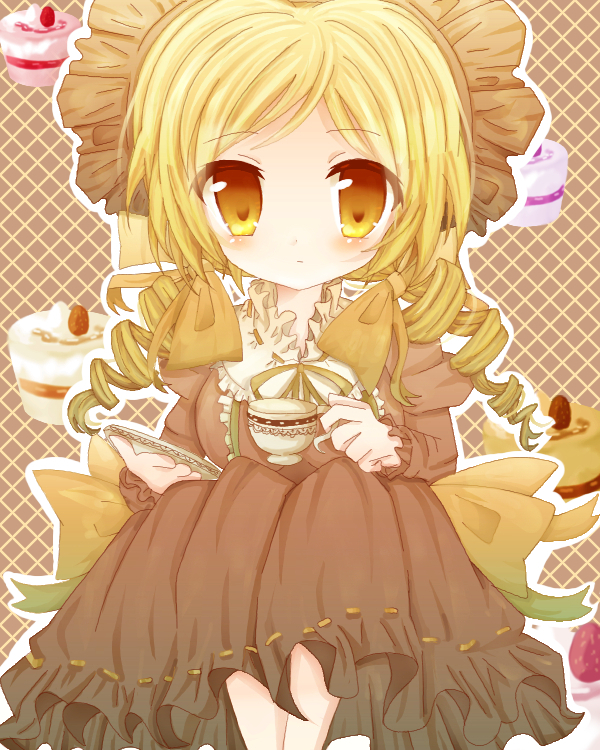 alternate_costume, blonde_hair, breasts, cake, cup, dress, drill_hair, food