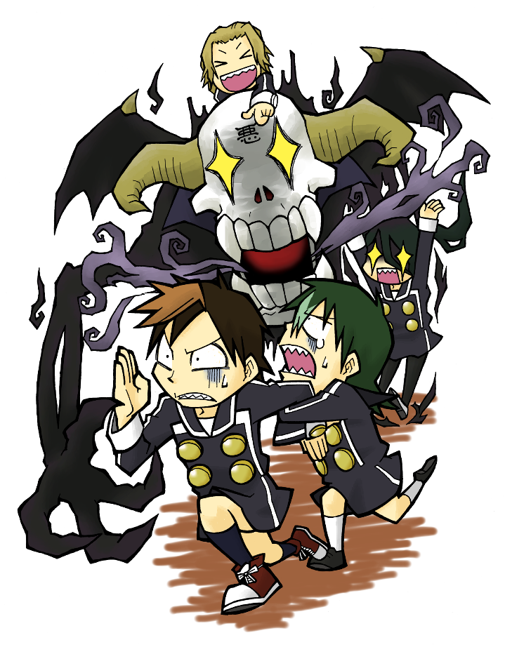 4girls, black_hair, brown_hair, chibi, demon, hayate_x_blade, inugami_isuzu, kibi_momoka