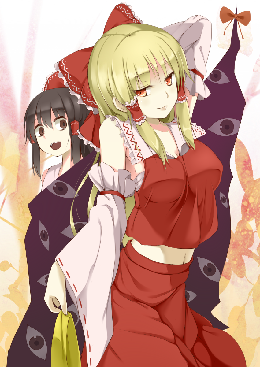 arm_up, black_hair, blonde_hair, bow, brown_eyes, cosplay, detached_sleeves, empty_eyes