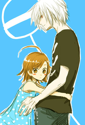 ahoge, albino, brown_eyes, brown_hair, hug, imamiya, last_order, lowres
