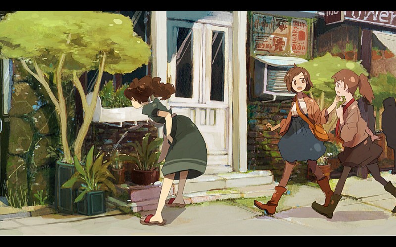 brown_hair, dress, flower, long_hair, multiple_girls, original, pantyhose, plant, shop, short_hair, tukushi2, walking