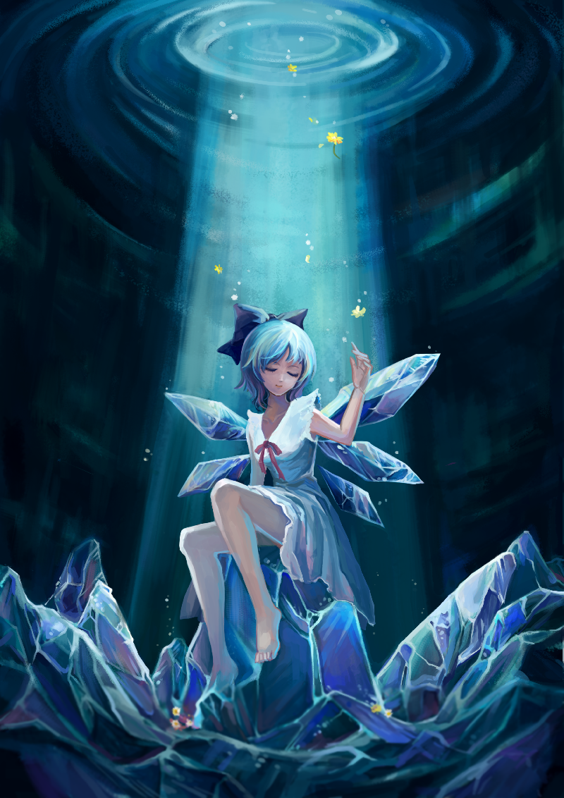 adapted_costume, alternate_costume, arm_up, barefoot, blue_hair, bow, cirno, closed_eyes