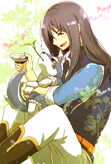black_hair, boots, closed_eyes, dog, eyes_closed, long_hair, male, namino_kokoro, pants, puppy, repede, smile, solo, tales_of_(series), tales_of_vesperia, yuri_lowell