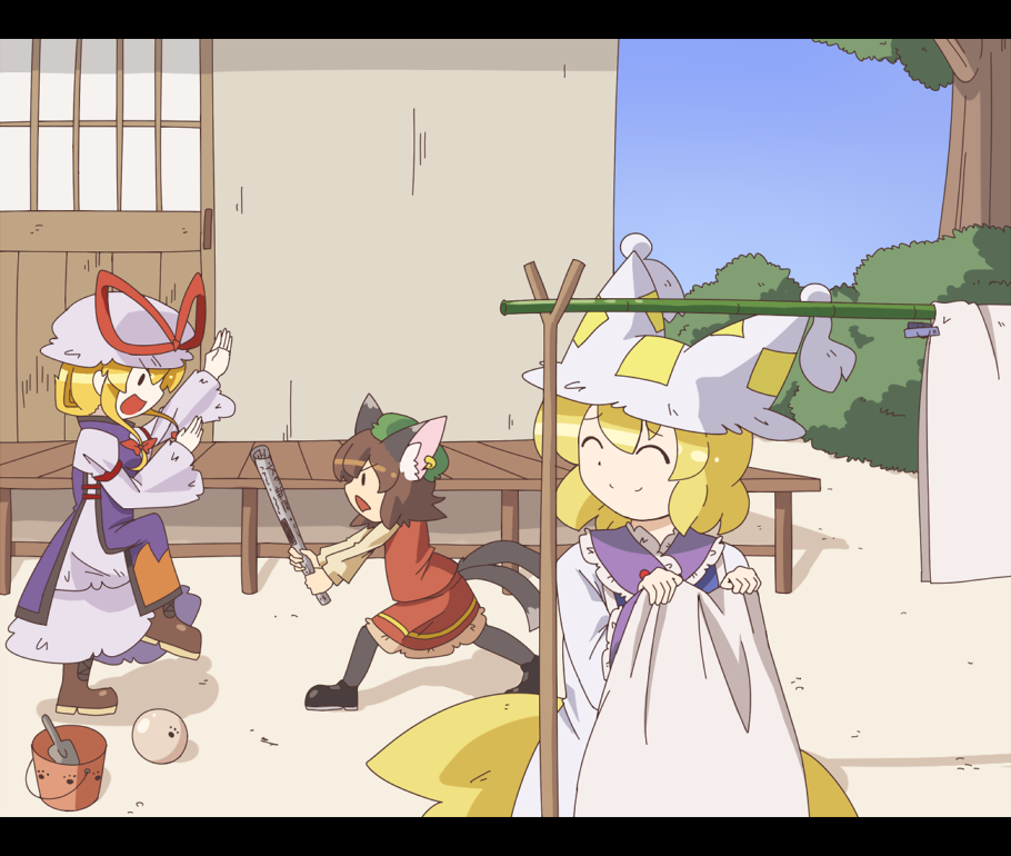 animal_ears, ball, blonde_hair, brown_hair, bucket, cat_ears, cat_tail, chen, closed_eyes, dress, ear_piercing, eyes_closed, fighting, fighting_stance, fox_tail, hat, hat_with_ears, house, kuzugitsune_(inarikami), laundry, laundry_pole, letterboxed, multiple_girls, multiple_tails, newspaper, open_mouth, paw_print, piercing, rolled, shirt, shovel, skirt, skirt_set, smile, tabard, tail, touhou, tree, white_dress, worktool, yakumo_ran, yakumo_yukari