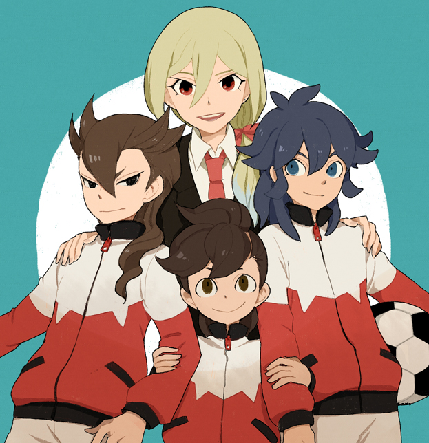 afuro_terumi, ball, blonde_hair, brothers, brown_eyes, brown_hair, coach, hair_over_shoulder, inazuma_eleven, inazuma_eleven_(series), inazuma_eleven_go, kishibe_daika, kishibe_taiga, l_hakase, long_hair, male, multiple_boys, necktie, open_mouth, ponytail, purple_hair, red_eyes, siblings, soccer_ball, taha_yoshihiko, taki_sousuke, taki_yoshihiko