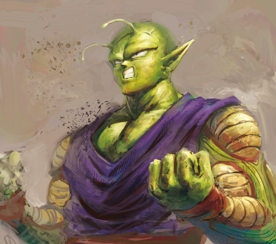 antenna, antennae, clenched_teeth, dragon_ball, dragon_ball_z, dragonball, dragonball_z, faux_traditional_media, green_skin, hibakari, male, piccolo, pointy_ears, solo