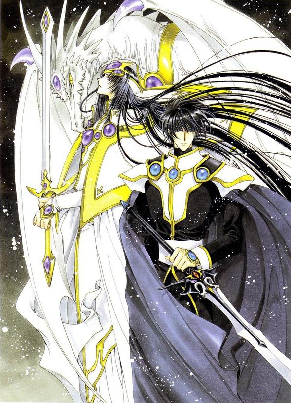 90s, black_eyes, black_hair, brothers, cape, clamp, cloak, dragon, headgear, lantis, long_hair, magic_knight_rayearth, male, multiple_boys, official_art, rayearth_ova, scan, serious, siblings, surcoat, sword, weapon, zagato