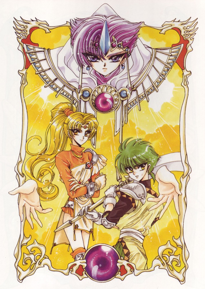 2boys, 90s, blue_eyes, clamp, clef, ferio_(rayearth), green_hair, headgear
