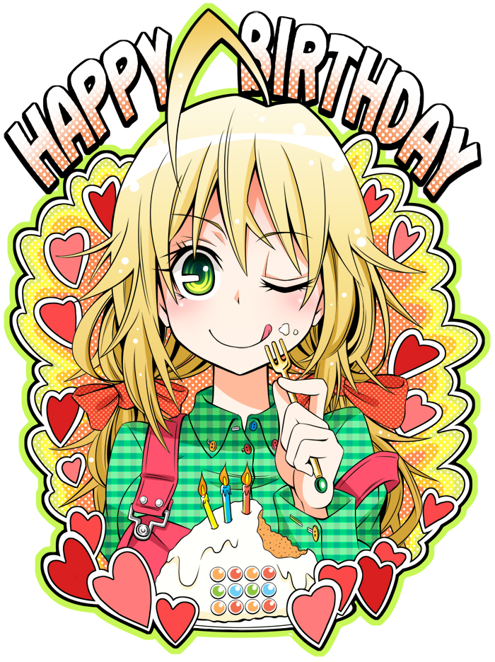 :p, ;q, ahoge, blonde_hair, blush, cake, emu_(toran), food, food_on_face, fork, green_eyes, happy_birthday, heart, hoshii_miki, idolmaster, smile, solo, suspenders, tongue, wink
