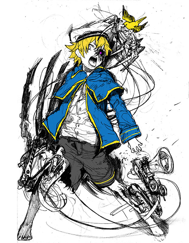 android, bird, blonde_hair, hat, male, mechanical_parts, oliver_(vocaloid), sailor_hat