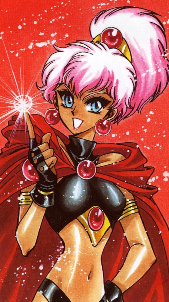 1girl, 90s, armlet, black_gloves, blue_eyes, caldina, cape, clamp