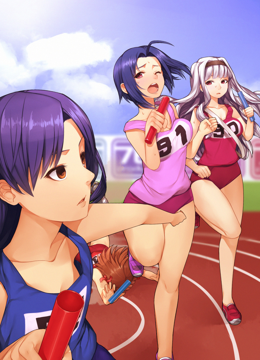 amami_haruka, bare_shoulders, bouncing_breasts, bow, breast_envy, breasts, brown_hair, buruma, cleavage, collarbone, empty_eyes, faceplant, hair_bow, hairband, highres, hitoto, idolmaster, kisaragi_chihaya, legs, long_hair, miura_azusa, no_socks, purple_hair, red_eyes, relay_baton, relay_race, running, shijou_takane, silver_hair, sweat, tank_top, track_and_field, wince, wink