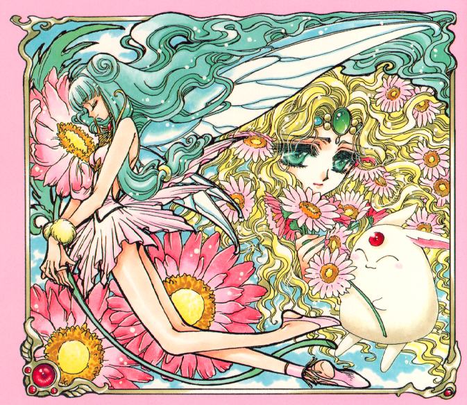 90s, aqua_eyes, aqua_hair, circlet, clamp, creature, dress, emeraude_(rayearth)