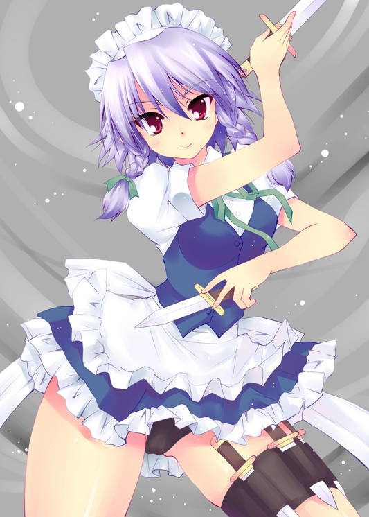 aya_ojo, black_panties, braid, holster, hoshino_madoka, izayoi_sakuya, knife, maid