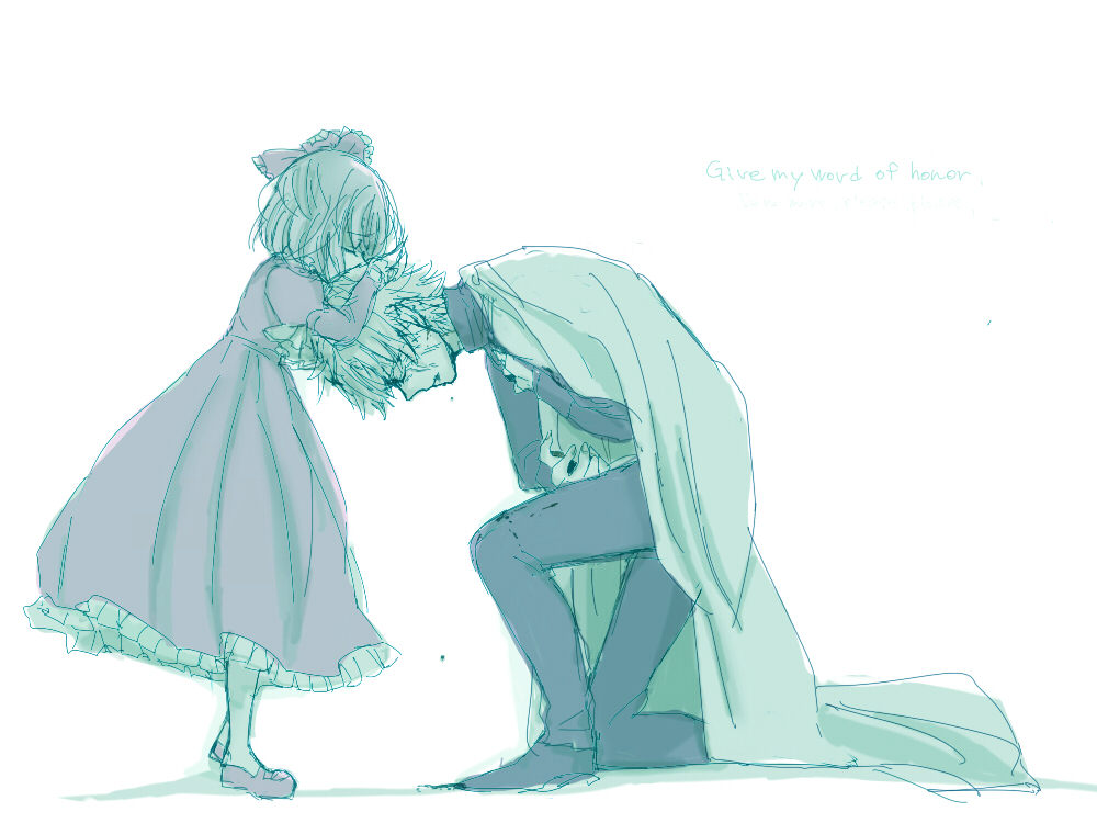 1girl, child, closed_eyes, dress, eyes_closed, eyes_clsoed, fate/stay_night, fate/zero, fate_(series), hair_ribbon, matou_kariya, matou_sakura, pain, purple_hair, ribbon, shima_mei, shimana_(cs-ts-az), short_hair, uncle_and_niece, white_hair