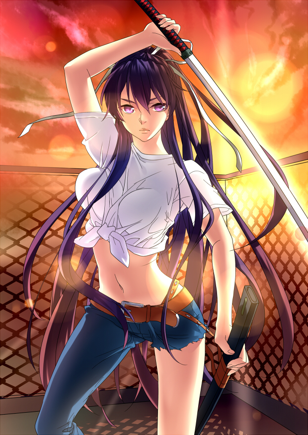 asymmetrical_clothes, asymmetrical_clothing, belt, blue_hair, breasts, front-tie_top, hair_ribbon, kanzaki_kaori