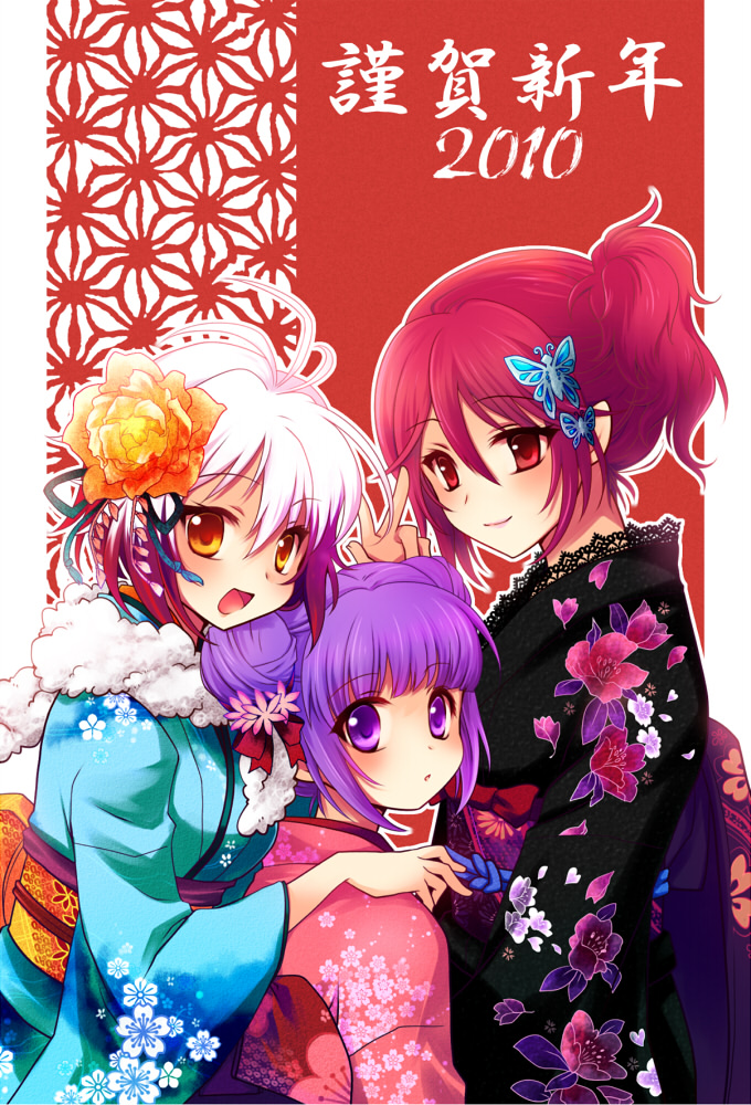 3girls, asa_no_ha_(pattern), cheria_barnes, double_bun, floral_print, fur, gradient_hair, hair_ornament