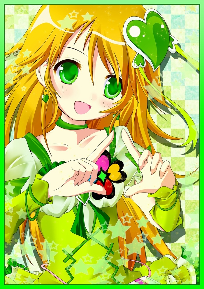 :d, artist_request, blonde_hair, border, cosplay, fresh_precure!, heart, hoshii_miki, idolmaster, open_mouth, oyuno_hirosuke, precure, smile, solo, source_request, tage