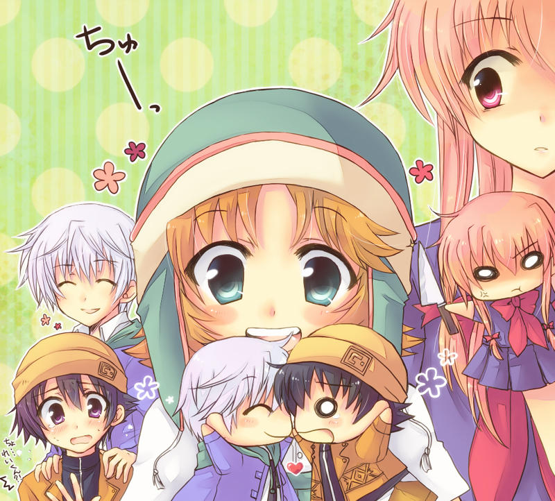 3boys, :t, akise_aru, amano_yukiteru, anger_vein, aqua_eyes, beanie, black_hair