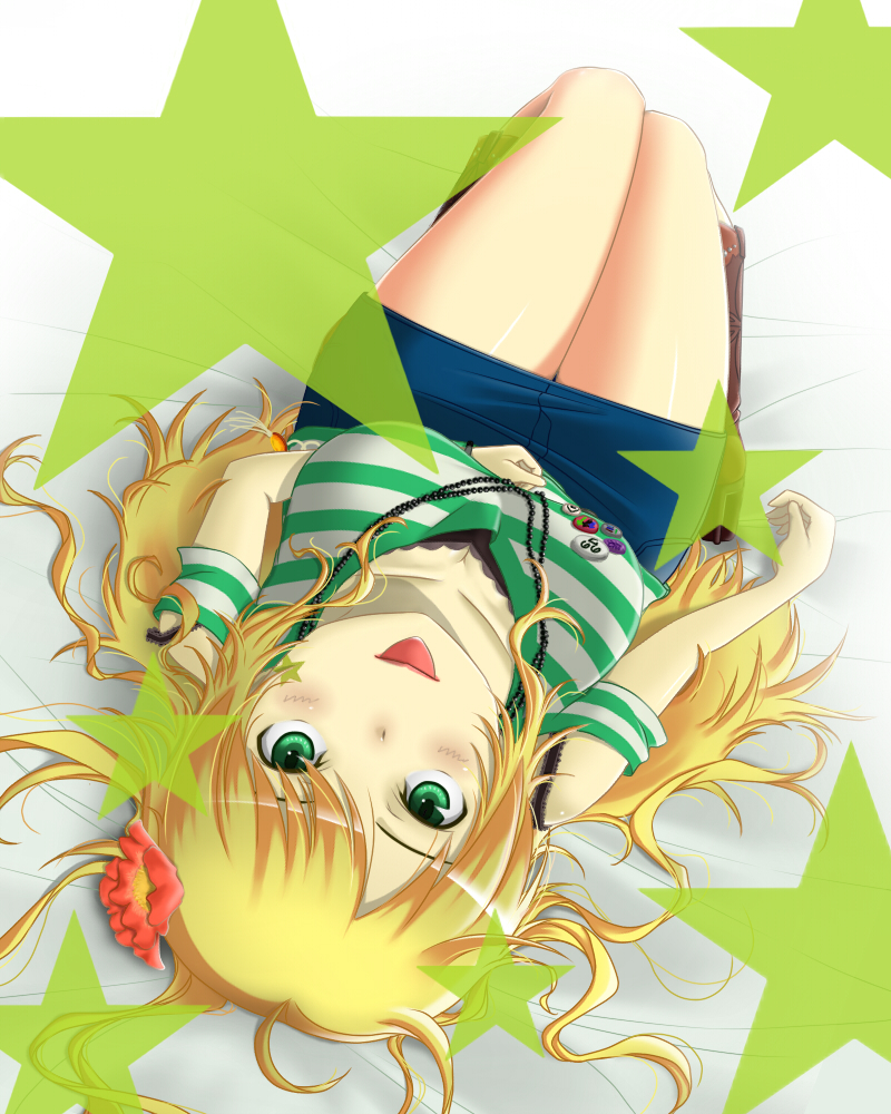 bare_shoulders, blonde_hair, boots, breasts, denim_skirt, down_blouse, flower, green_eyes