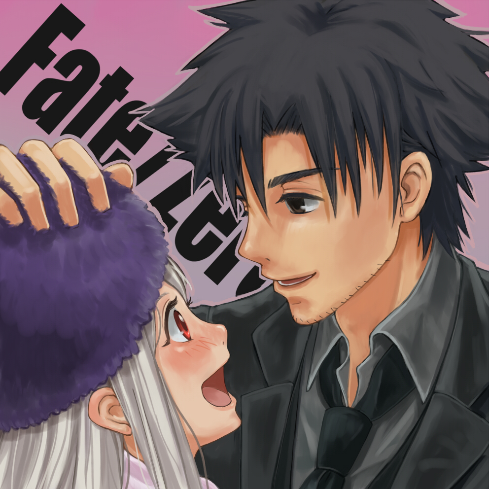 1girl, age_difference, aimoko, bad_id, black_hair, blush, emiya_kiritsugu, facial_hair, fate/stay_night, fate/zero, fate_(series), father_and_daughter, hat, illyasviel_von_einzbern, long_hair, necktie, petting, red_eyes, stubble, white_hair