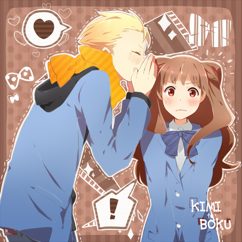 1boy, 1girl, blonde_hair, blush, brown_eyes, brown_hair, heart, kimi_to_boku, kurok0, long_hair, satou_masaki, scarf, school_uniform, spoken_heart, tachibana_chizuru