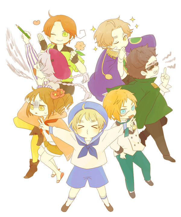 >_<, 6+boys, =_=, \o/, ahoge, alternate_hair_color, ankle_boots, arm_up, arms_up, axis_powers_hetalia, bandaid, bangs, beret, black_hair, blonde_hair, blue_eyes, blush, boots, bowtie, braid, brown_hair, chibi, child, dread, eyebrows, fingerless_gloves, flip-flops, flower, gloves, green_eyes, hair_flower, hair_ornament, hand_on_forehead, hand_on_hip, hand_on_neck, hand_on_own_neck, happy, hat, heart, hips, hutt_river_(hetalia), jacket, jacket_on_shoulders, kugelmugel_(hetalia), ladonia_(hetalia), long_sleeves, looking_back, looking_up, middle_finger, mole, molossia_(hetalia), multiple_boys, murisu, neckerchief, o3o, open_mouth, outstretched_arms, pants, pantyhose, pencil, pins, principality_of_seborga_(hetalia), principality_of_wy_(hetalia), sailor_collar, sailor_hat, sandals, sash, scar, sealand_(hetalia), shaded_face, shirt, short_hair, shorts, side_ponytail, silver_hair, simple_background, smile, sparkle, standing_on_one_leg, striped, striped_shirt, sunglasses, sweat, swept_bangs, teeth, thick_eyebrows, tongue, tongue_out, twin_braids, white_background, wink, yellow_eyes, yellow_legwear
