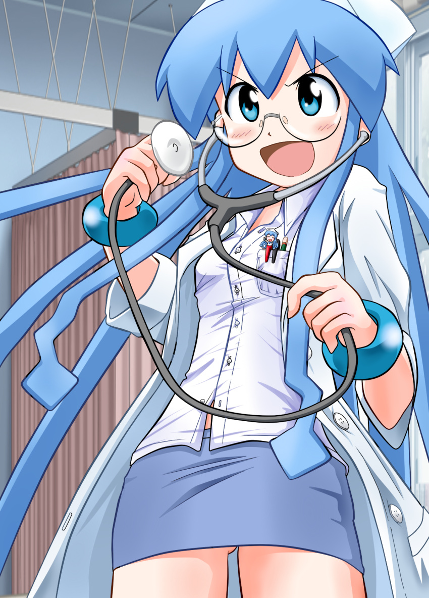 blue_eyes, blue_hair, doctor, glasses, hat, highres, ikamusume, labcoat