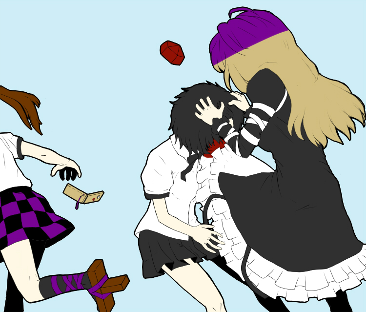 black_hair, blood, brown_hair, cellphone, egoe, geta, gradient_hair, hat, heart, hijiri_byakuren, himekaidou_hatate, kicking, knee_attack, knee_kick, long_hair, multicolored_hair, multiple_girls, phone, purple_hair, running, shameimaru_aya, short_hair, skirt, tengu-geta, tokin_hat, touhou, violence