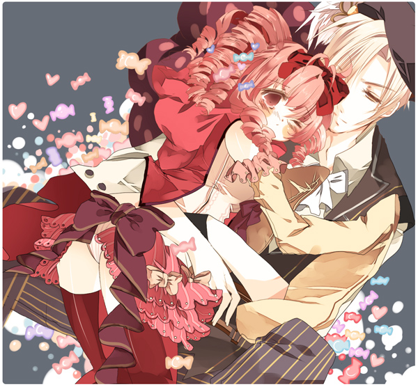 1girl, bad_id, beret, blonde_hair, blush, bow, charlotte_(madoka_magica), cravat