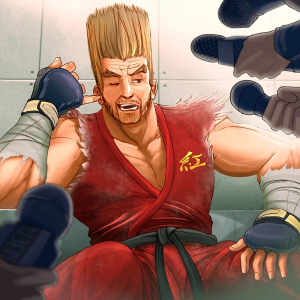 bandage, bandages, beard, big_hair, blonde_hair, dougi, ear_picking, eyebrows