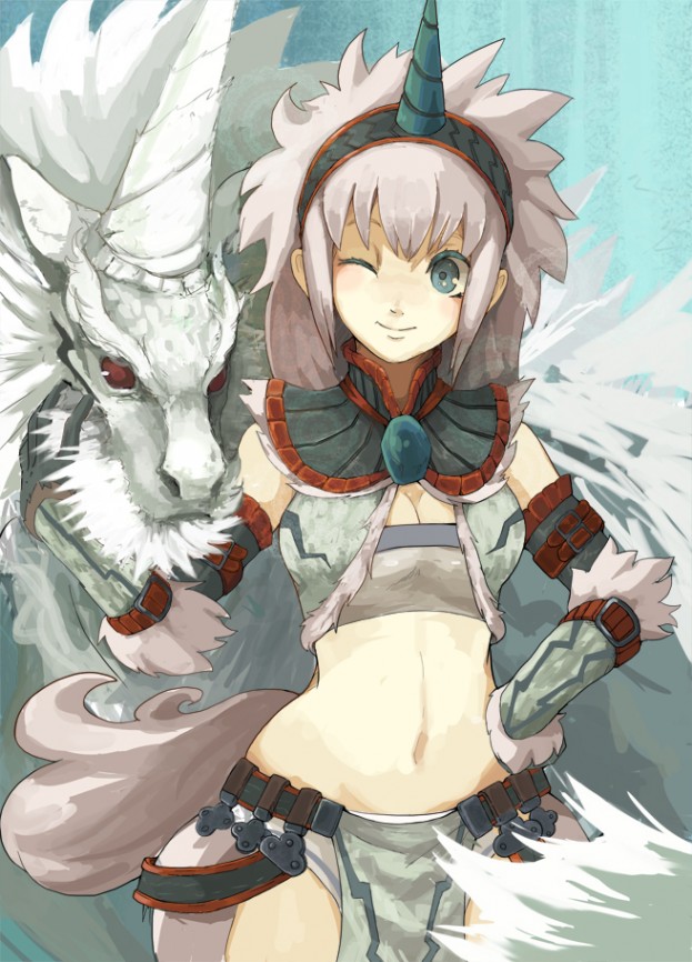1girl, armor, band, blue_eyes, breasts, capcom, cleavage, cleavage_cutout, elbow_gloves, gloves, hairband, head, horn, horns, kirin, kirin_(armor), midriff, monster_hunter, navel, nigoro, short_hair, silver_hair, tail, unicorn, white_hair, wink