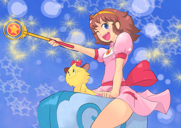 blue_eyes, blush, brown_hair, cat, hairband, lalabel, magical_girl, mahou_shoujo_lalabel, okera, smile, sparkle, wand