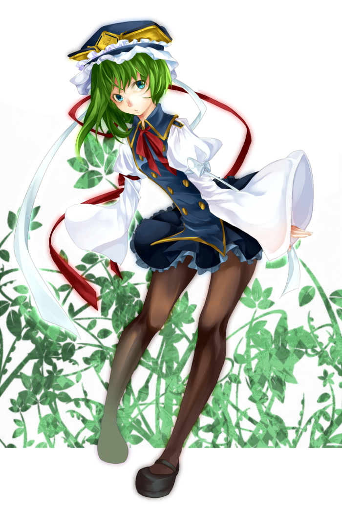 adapted_costume, asymmetrical_hair, black_legwear, blue_eyes, brown_legwear, buttons, floral_background, flower