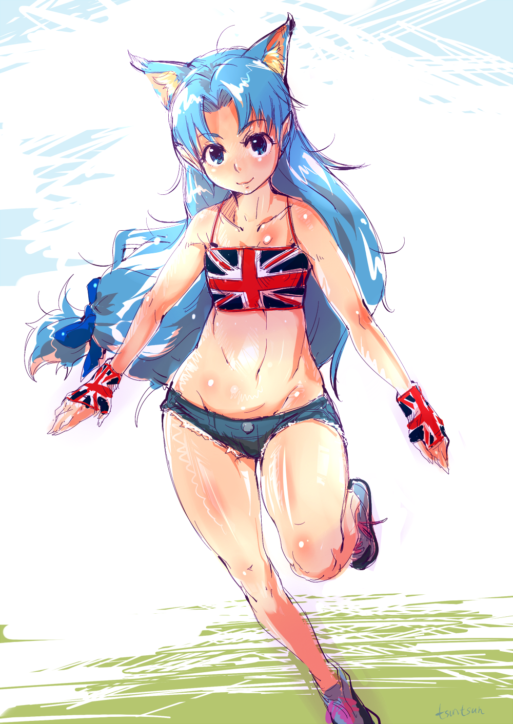 bare_shoulders, blue_eyes, blue_hair, denim, denim_shorts, fingerless_gloves, gloves, highres
