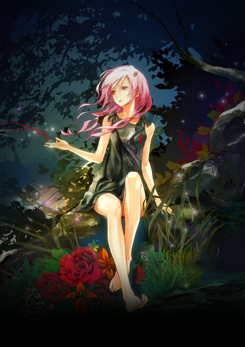 bare_shoulders, barefoot, chelly_(supercell), feet, flower, forest, hair_ornament, hairclip, highres, long_hair, nature, pink_hair, red_eyes, red_rose, redjuice, rose, sitting, solo, supercell, toes