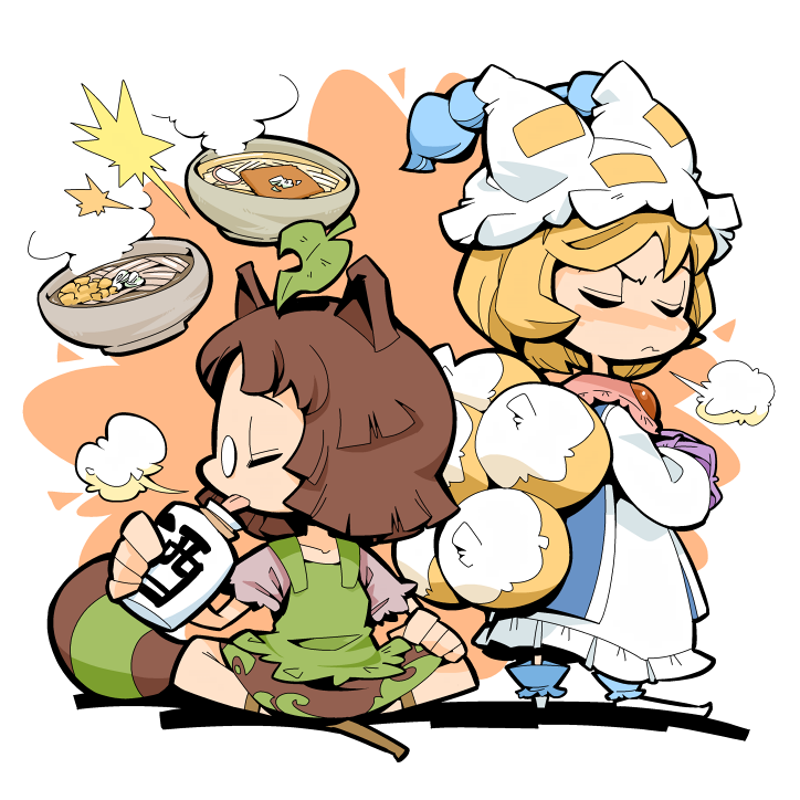 aburaage, animal_ears, blonde_hair, brown_hair, chibi, food, fox_tail, futatsuiwa_mamizou