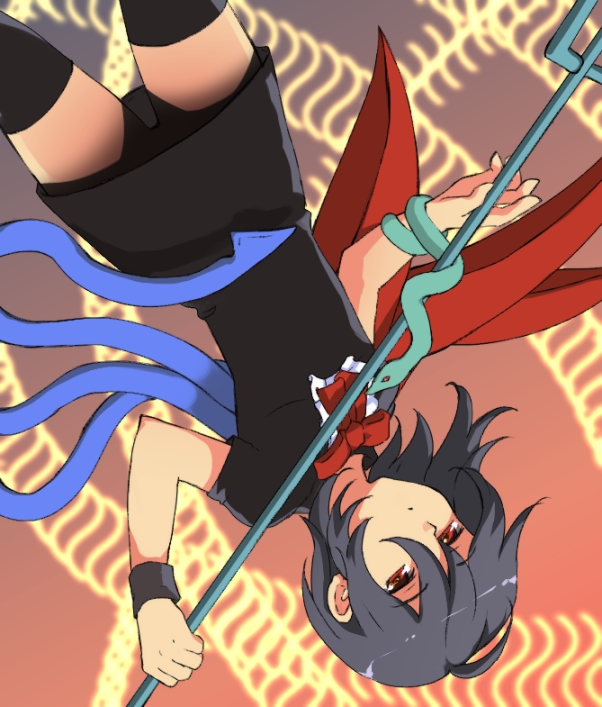 asymmetrical_wings, bad_id, black_hair, black_legwear, dress, grey_hair, houjuu_nue, no_panties