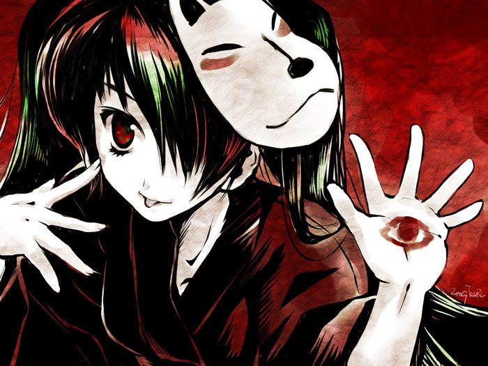 fox_mask, hair_over_one_eye, hatsune_miku, japanese_clothes, long_hair, mask, musunde_hiraite_rasetsu_to_mukuro_(vocaloid), nekou_izuru